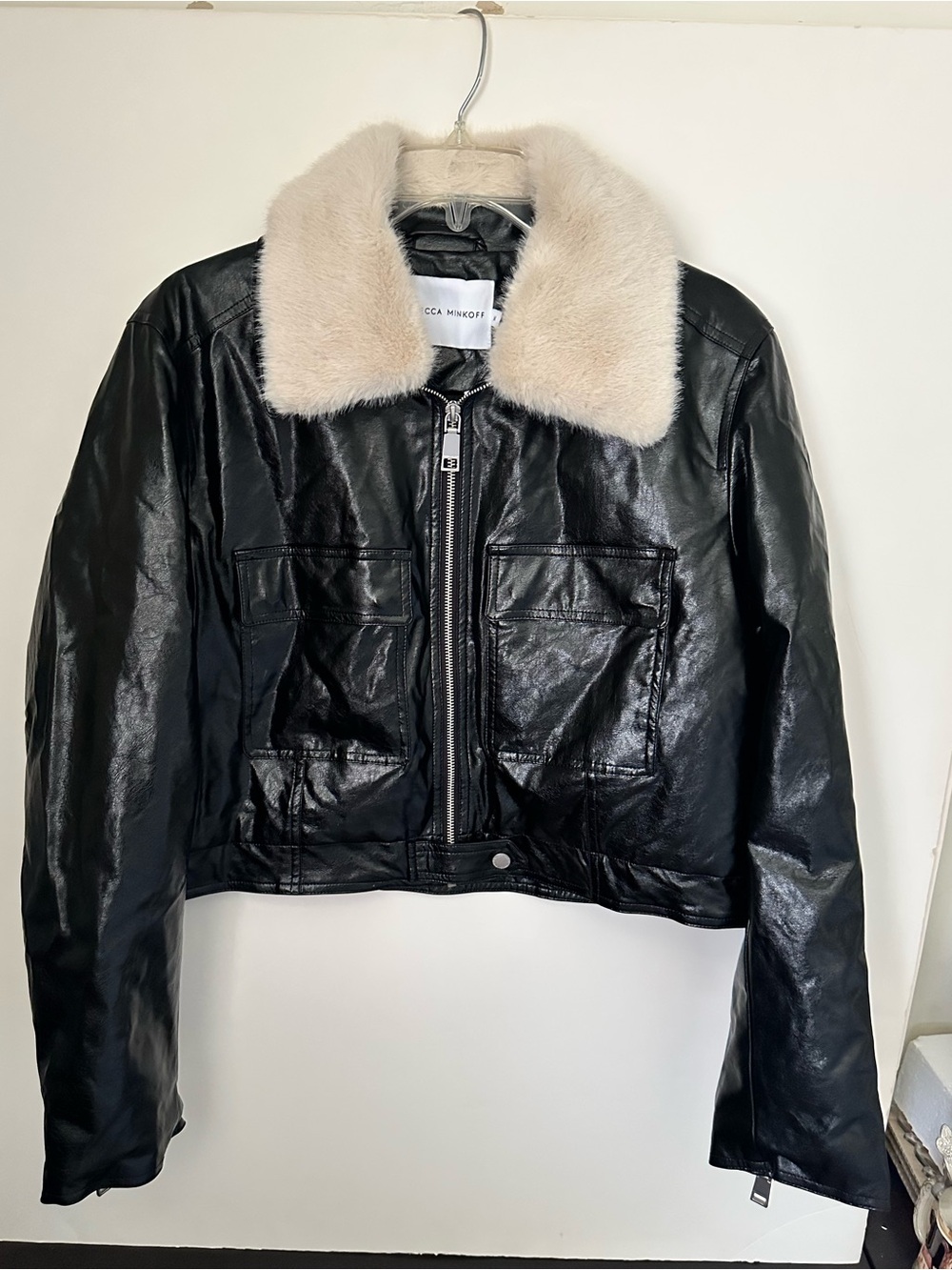 Rebecca Minkoff Glossy Faux leather Shearling Crop Bomber Jacket Black White NWT